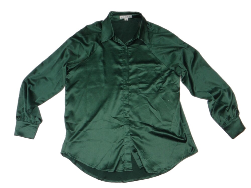 HYFVE Small Green Satin Long Sleeve Button Front Shirt